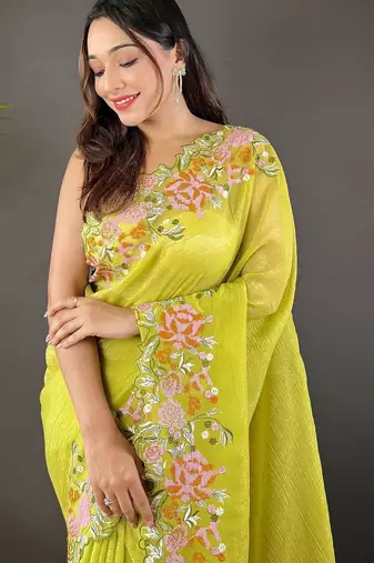 Lime lime green embroidered tissue  sarees