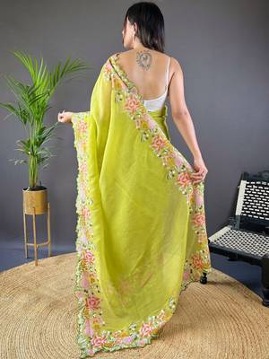 Lime lime green embroidered tissue  sarees 3