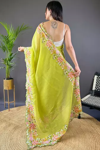 Lime lime green embroidered tissue  sarees