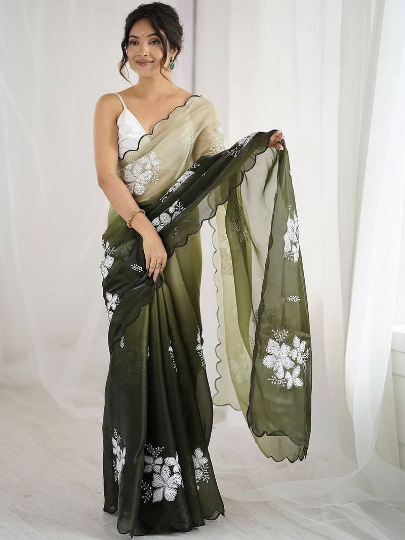 Multicolor floral embroidered organza designer saree