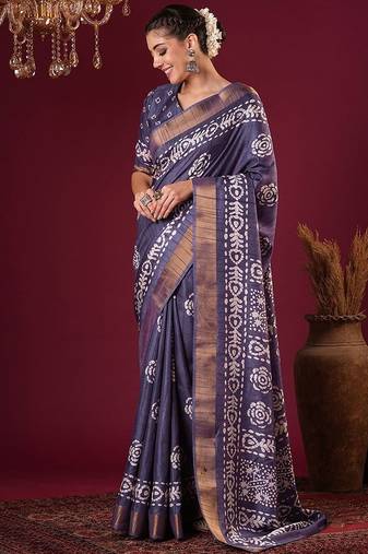 Violet women floral zari silk blend sungudi saree