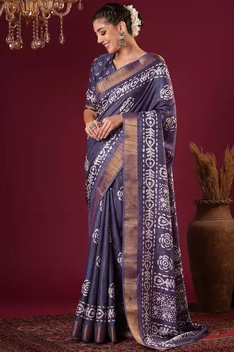 Violet women floral zari silk blend sungudi saree