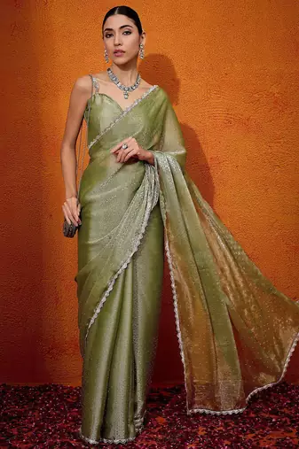 Olive embellished beads and stones organza saree