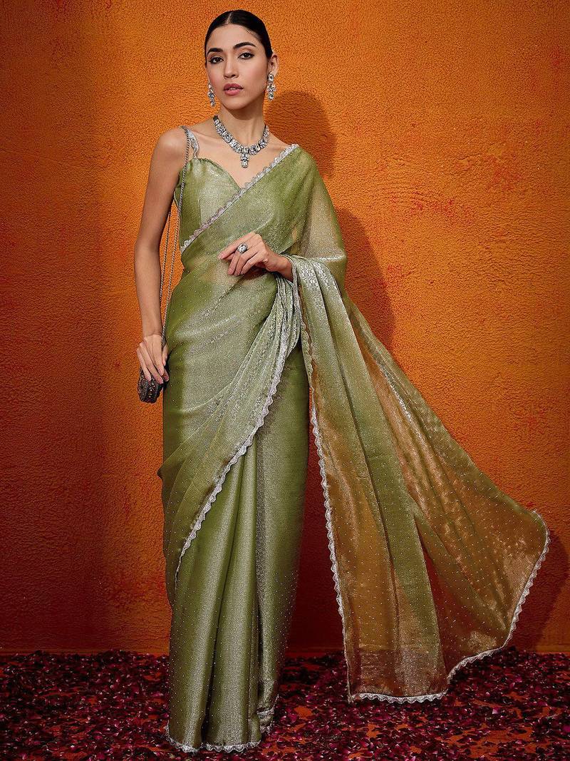 Olive embellished beads and stones organza saree