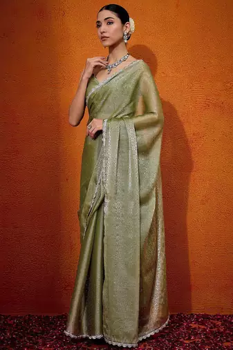 Olive embellished beads and stones organza saree