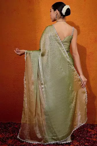 Olive embellished beads and stones organza saree