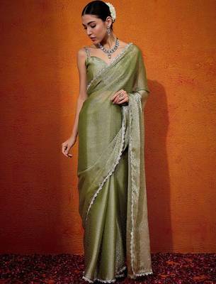 Olive embellished beads and stones organza saree 4
