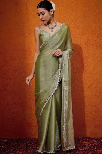Olive embellished beads and stones organza saree