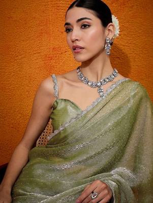 Olive embellished beads and stones organza saree 5