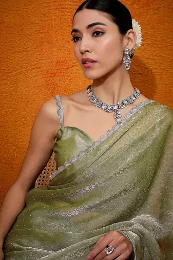 Olive embellished beads and stones organza saree