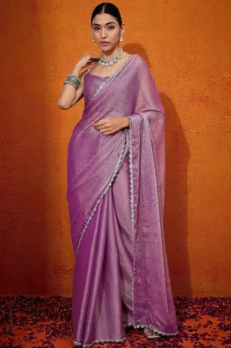 Mauve embellished beads and stones organza saree