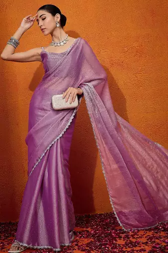 Mauve embellished beads and stones organza saree