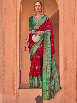 Red red & green ethnic motifs woven design zari saree 1