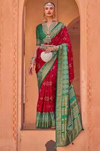 Red red & green ethnic motifs woven design zari saree