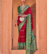 Red red & green ethnic motifs woven design zari saree