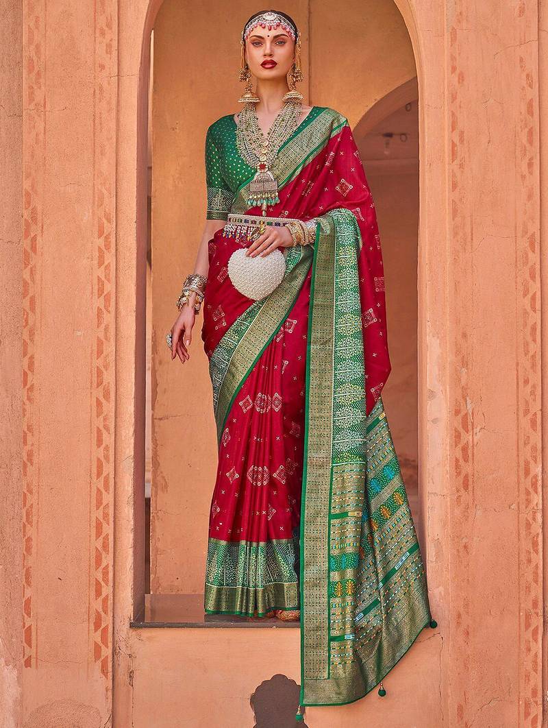 Red red & green ethnic motifs woven design zari saree