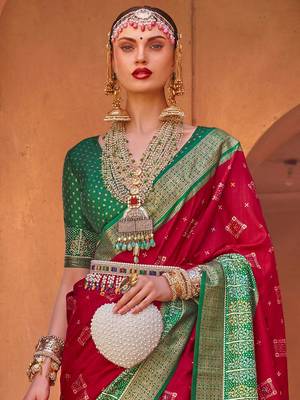 Red red & green ethnic motifs woven design zari saree 3