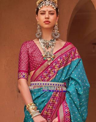 Blue ethnic motifs woven design zari silk blend banarasi saree 2
