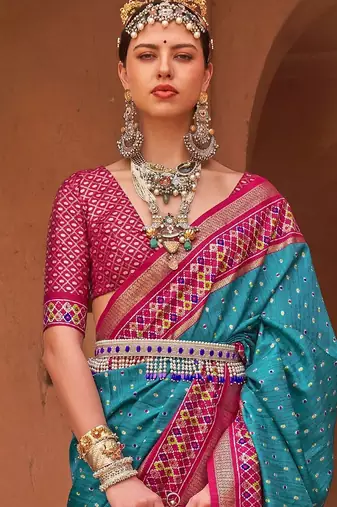 Blue ethnic motifs woven design zari silk blend banarasi saree