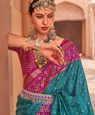 Blue ethnic motifs woven design zari silk blend banarasi saree 3