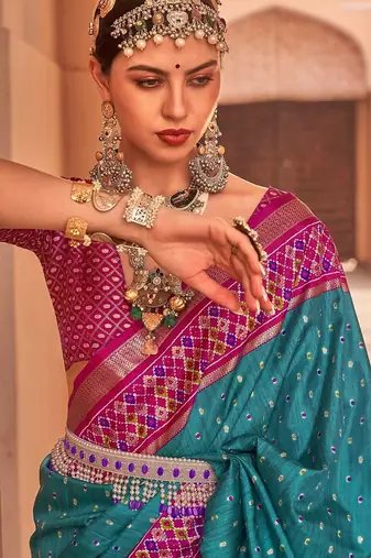 Blue ethnic motifs woven design zari silk blend banarasi saree