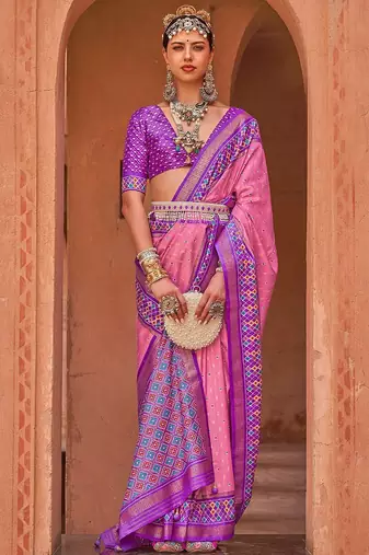 Pink pink & blue ethnic motifs woven design zari saree