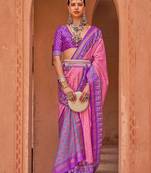 Pink pink & blue ethnic motifs woven design zari saree