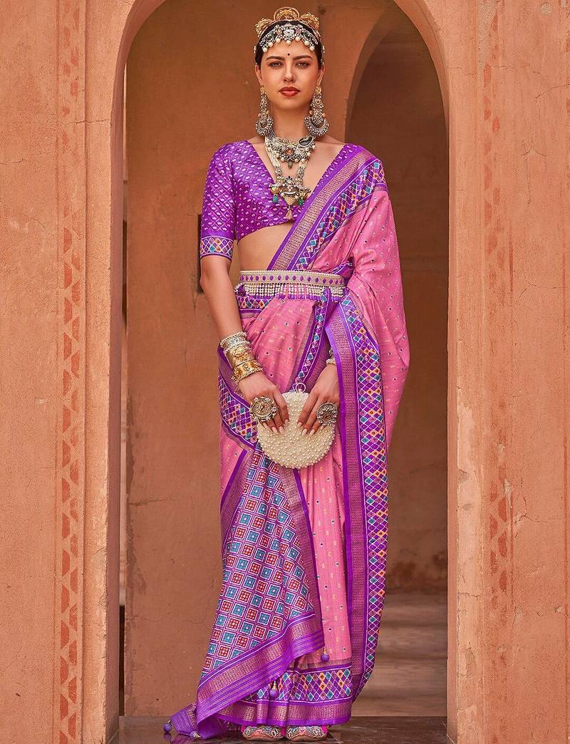 Pink pink & blue ethnic motifs woven design zari saree