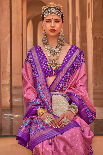 Pink pink & blue ethnic motifs woven design zari saree