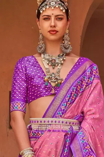 Pink pink & blue ethnic motifs woven design zari saree