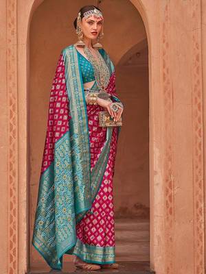 Pink pink & blue ethnic motifs woven design zari banarasi saree 1