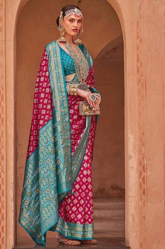 Pink pink & blue ethnic motifs woven design zari banarasi saree