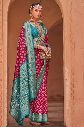 Pink pink & blue ethnic motifs woven design zari banarasi saree