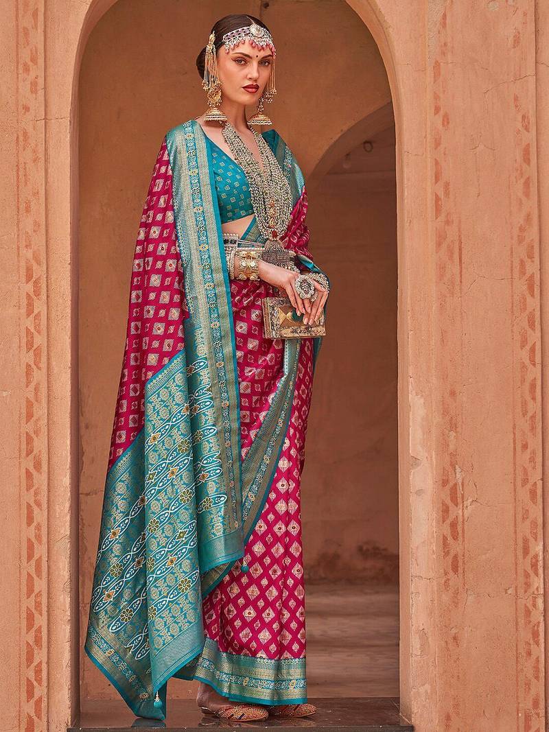 Pink pink & blue ethnic motifs woven design zari banarasi saree