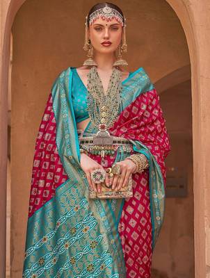 Pink pink & blue ethnic motifs woven design zari banarasi saree 2