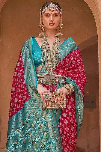 Pink pink & blue ethnic motifs woven design zari banarasi saree