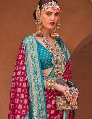 Pink pink & blue ethnic motifs woven design zari banarasi saree 3