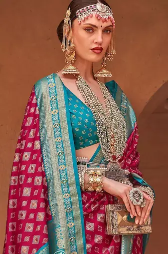 Pink pink & blue ethnic motifs woven design zari banarasi saree