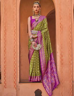Olive olive green & purple geometric woven design zari banarasi saree 1