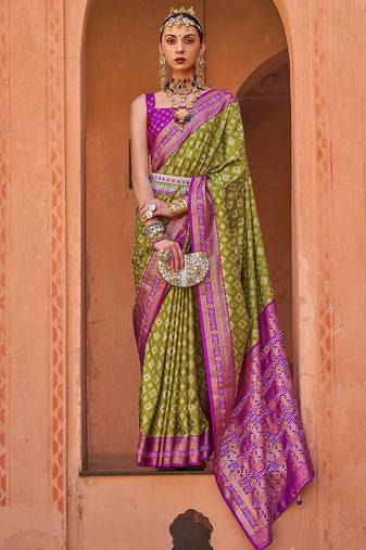 Olive olive green & purple geometric woven design zari banarasi saree