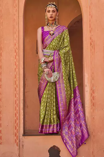 Olive olive green & purple geometric woven design zari banarasi saree