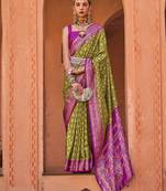 Olive olive green & purple geometric woven design zari banarasi saree