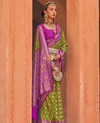 Olive olive green & purple geometric woven design zari banarasi saree 2