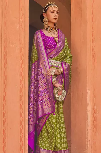 Olive olive green & purple geometric woven design zari banarasi saree