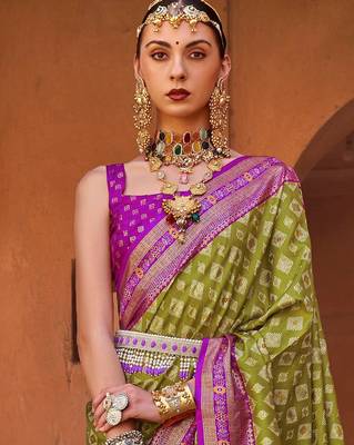 Olive olive green & purple geometric woven design zari banarasi saree 3