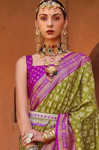 Olive olive green & purple geometric woven design zari banarasi saree