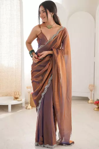 Brown embellished zari satin heavy work saree