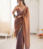 Brown embellished zari satin heavy work saree