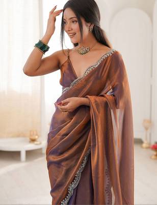 Brown embellished zari satin heavy work saree 2