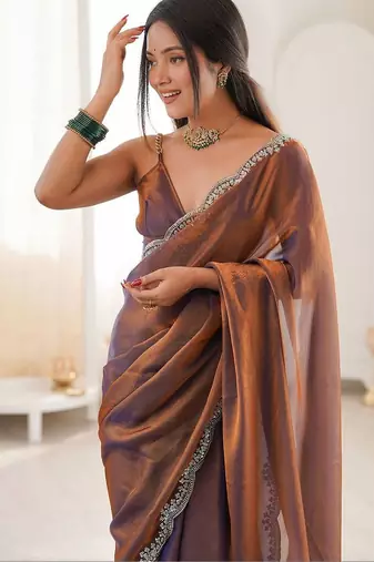 Brown embellished zari satin heavy work saree